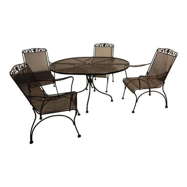 Vintage Flower and Leaf Wrought Iron Dining Table & 4 Chairs, Attributed
