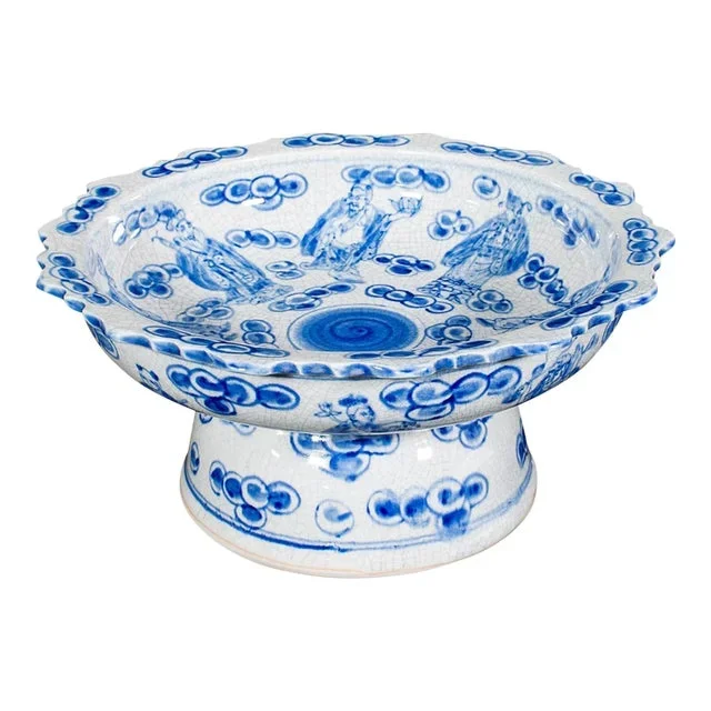 Vintage Footed Serving Bowl, Chinese, Ceramic, Fruit, Bonbon Dish, Mid Century