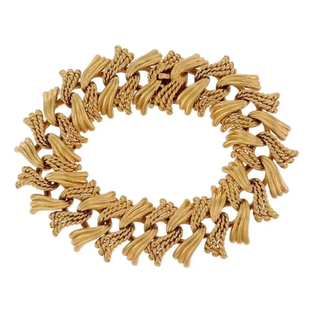 Vintage French 18k Yellow Gold Double Flex Leaf Link Bracelet