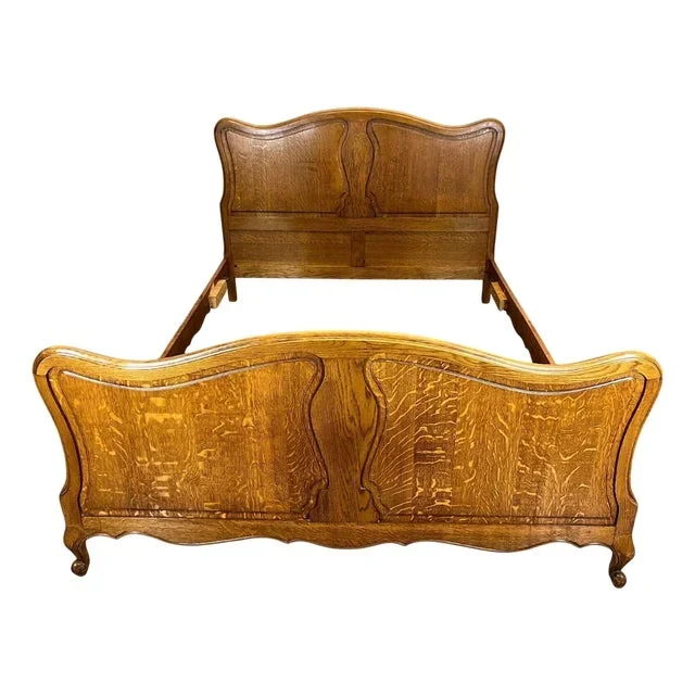 Vintage French Double Bed with Frame in Oak