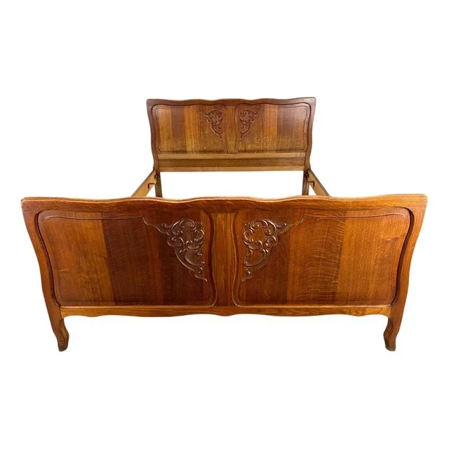 Vintage French Double Bed with Frame in Oak