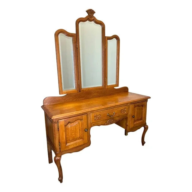 Vintage French Dressing Table with Mirror in Oak