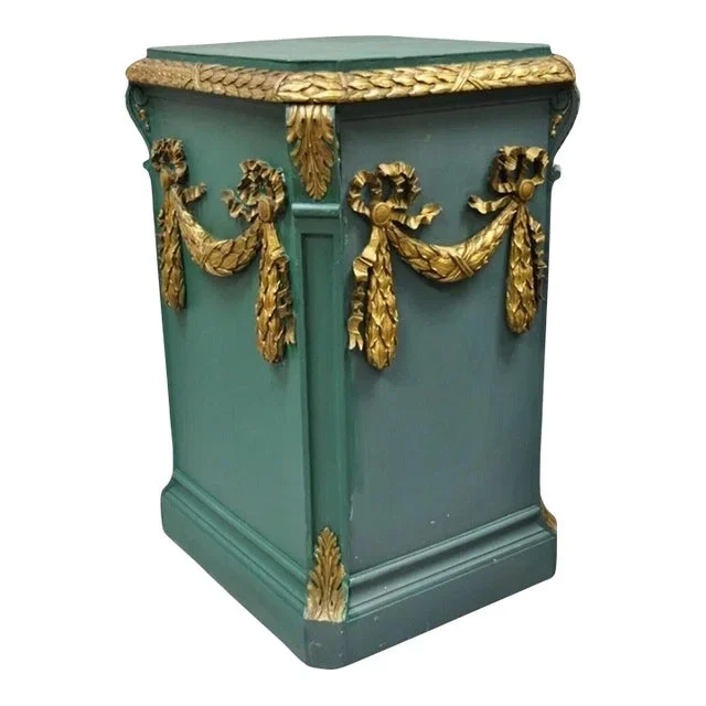Vintage French Louis XVI Style Green Gold Carved Wood Column Pedestal Stand