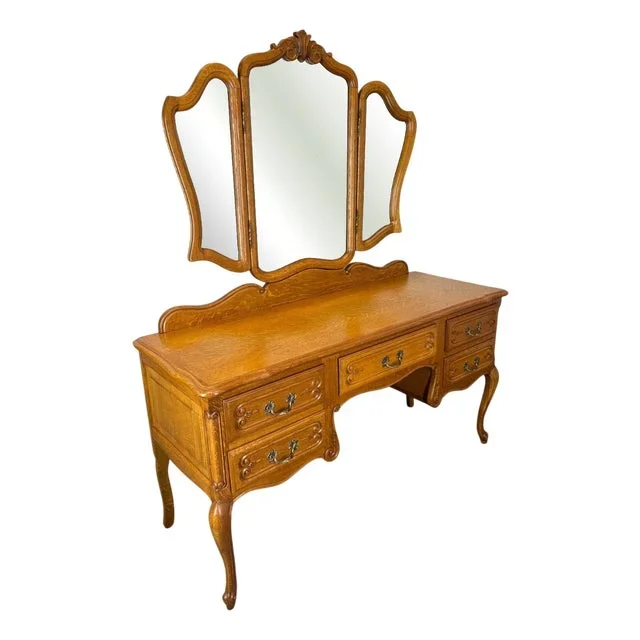 Vintage French Oak Dressing Table with Mirror