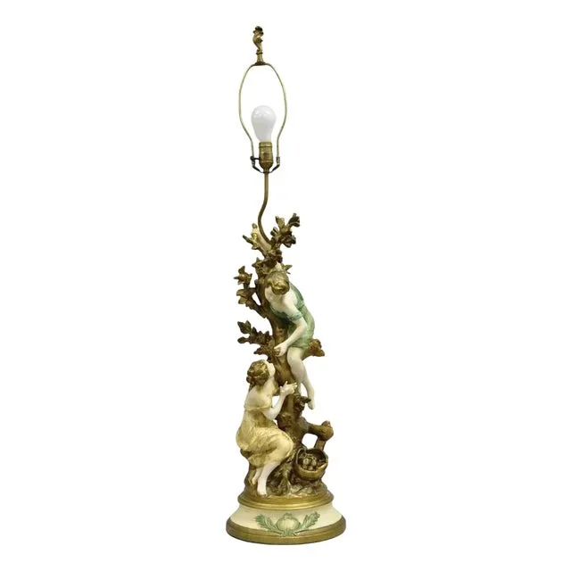 Vintage French Renaissance Moreau Metal Boy and Girl Large Figural Table Lamp