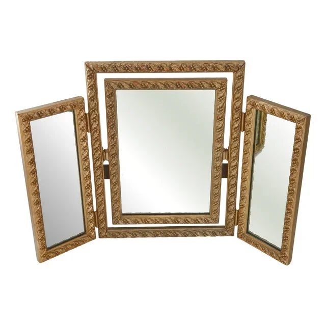 Vintage French Triptych Mirror in Wood & Glass, 1950s