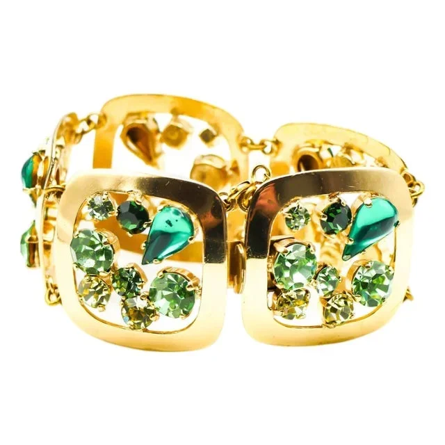 Vintage German 1/20 14k Gold Filled Statement Bracelet With Green Rhinestones