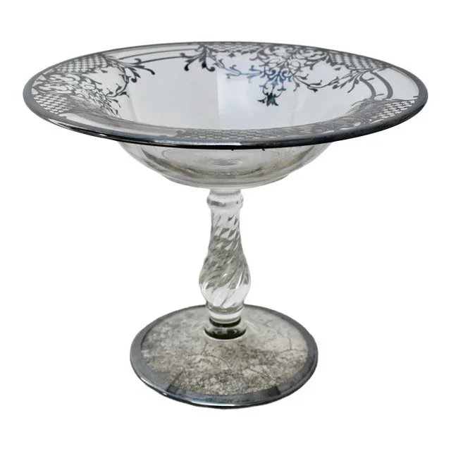 Vintage Glass Pedestal/Composte/Fruit Bowl W/Sterling Silver Overlay