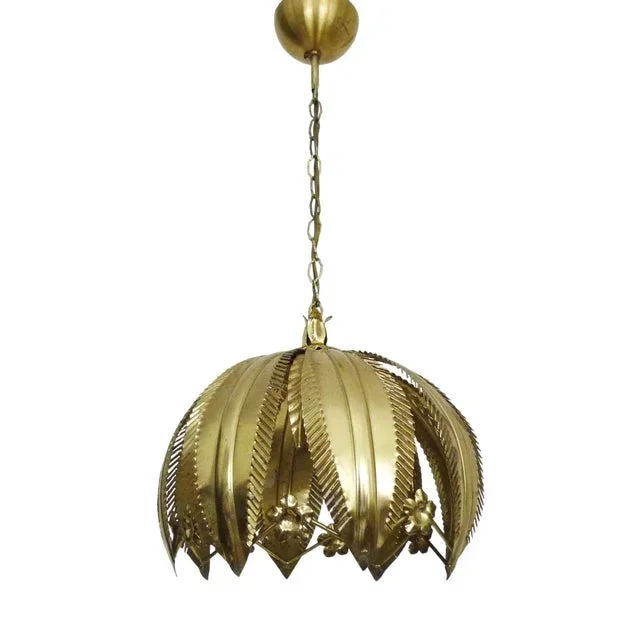 Vintage Gold Metal Palm Leaf Pendant Light, 1980s