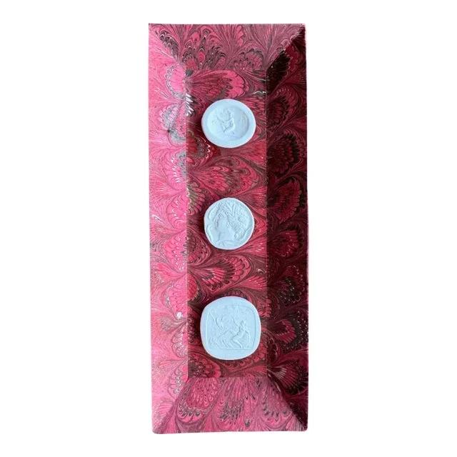 Vintage Grand Tour Plaster Intaglios (Female) on Hand-Marbled Red Tray
