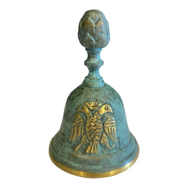 Vintage Green & Gold Brass Bell With Double-Headed Eagle