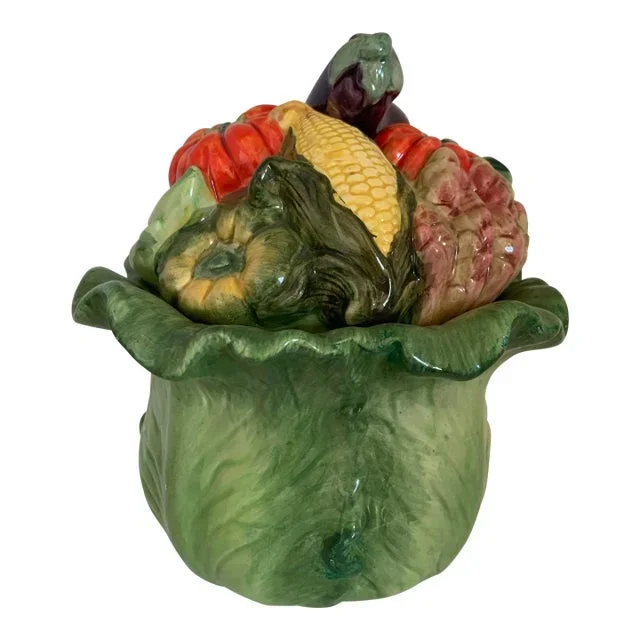 Vintage Green Cabbage Canister Vegetables Lid