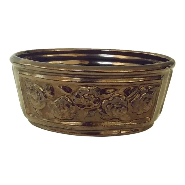 Vintage Haeger Pottery Floral Metallic Crackle Bronze Oval Ceramic Planter Vase Cachepot