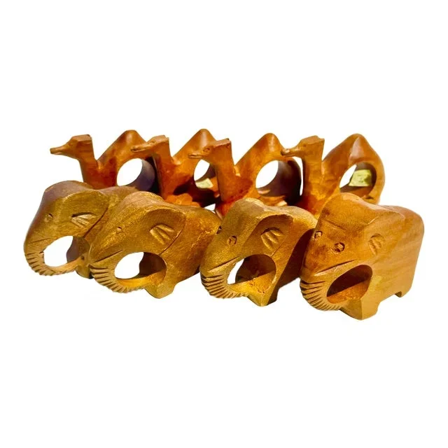Vintage Hand-Carved Safari Animal Napkin Rings – Set of 8 Wooden Elephant & Giraffe Holders