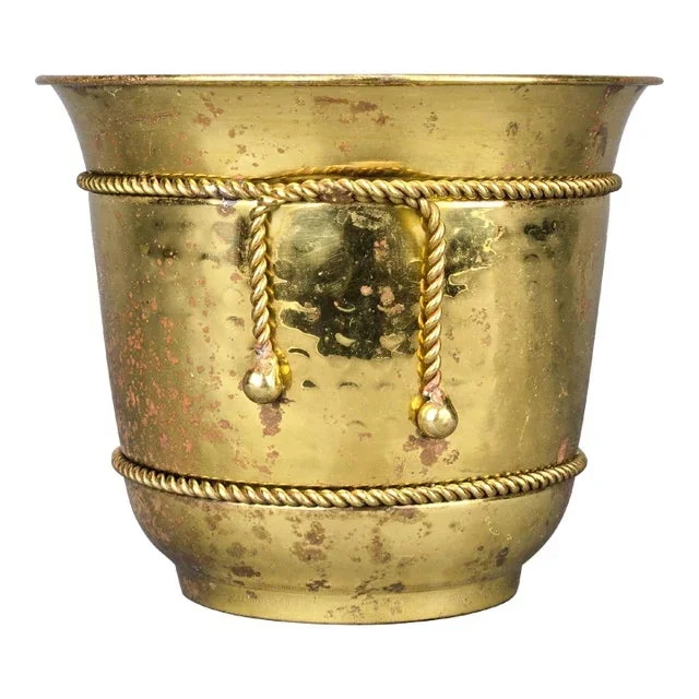 Vintage Hand Hammered Brass Planter French Tassel Rope Design