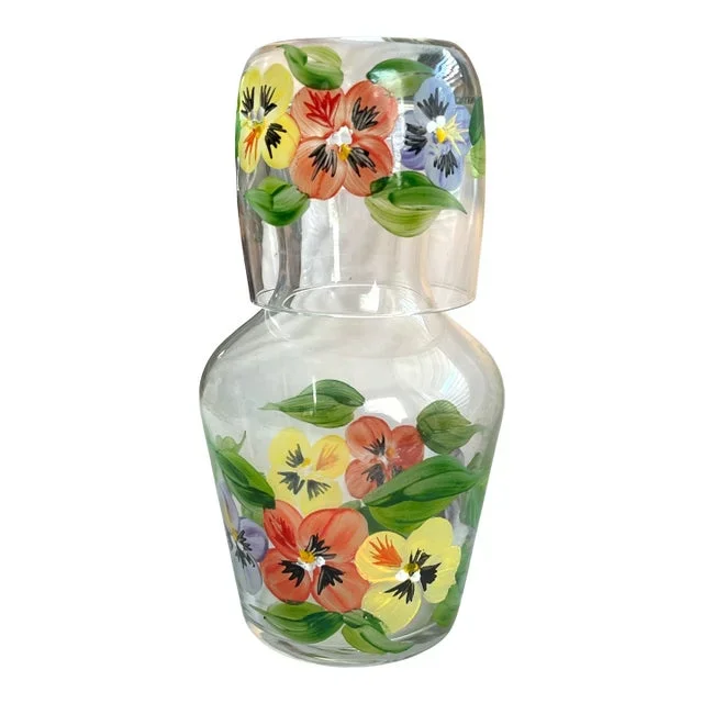 Vintage Hand-Painted Glass Floral Pansy Bedside Water Carafe and Cup