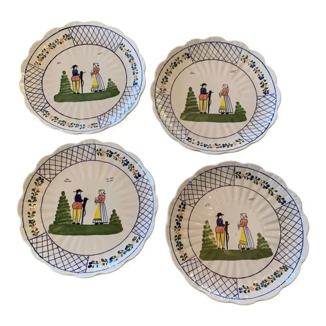 Vintage Hand Painted Quimper Style Salad Dessert or Wall Plates Set of 4