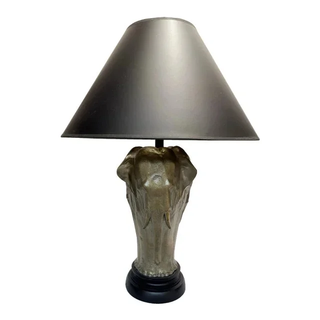 Vintage Hollywood Regency Three Sided Elephant Table Lamp With Original Faux Tortoise Shell Lined Shade