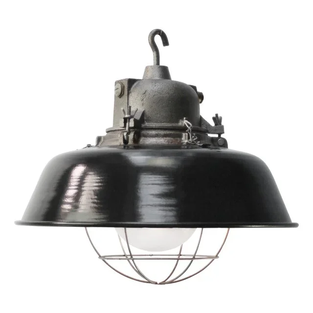 Vintage Industrial Factory Pendant Light in Black Enamel and Cast Iron by Gal