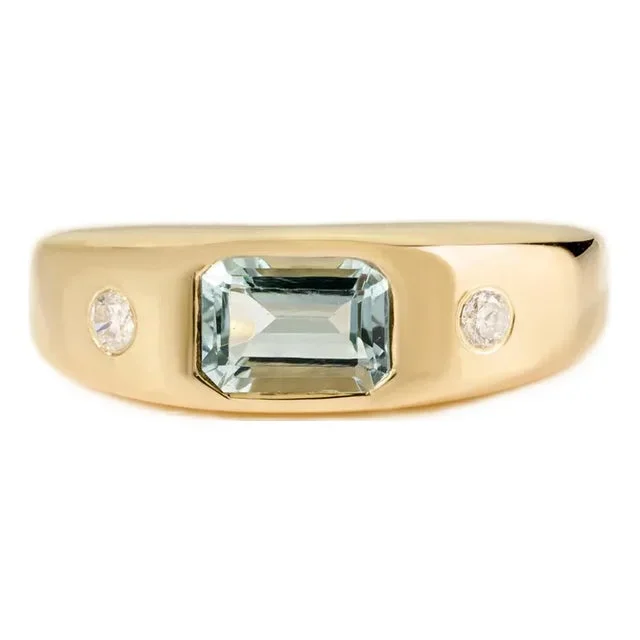 Vintage Inspired Aquamarine Diamond Gold Signet Ring Size 5