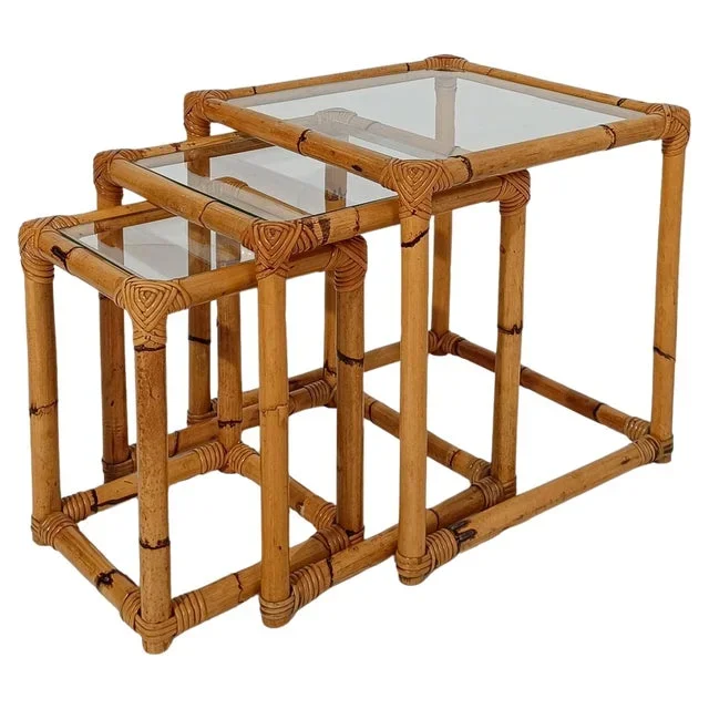 Vintage Italian Bamboo Cane and Rattan Nesting Tables with Clear Glass Top, 1960s, Set of 3