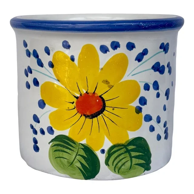 Vintage Italian Blue and White Ceramic Planter/Cachepot With Yellow Flower