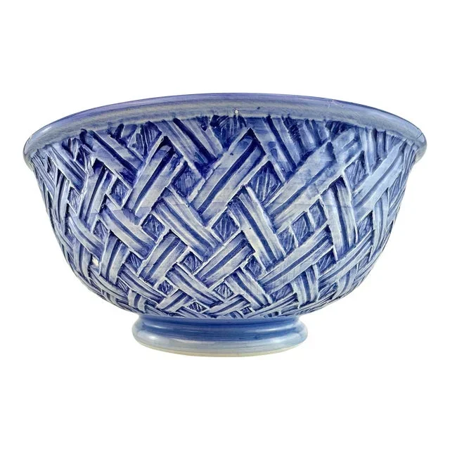 Vintage Italian Blue Ceramic Basketweave Bowl