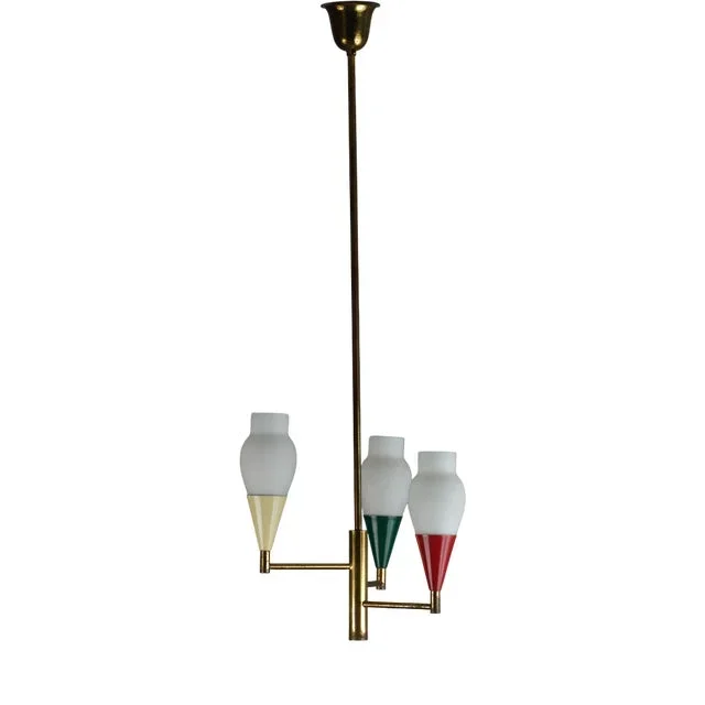 Vintage Italian Brass and Opaline Glass Chandelier, 1950s
