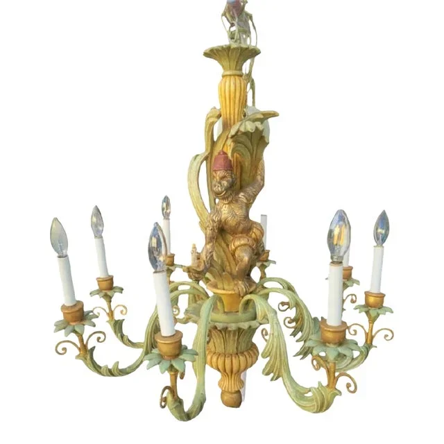 Vintage Italian Carved Wood Palm Beach Regency Style 8 Light Monkey Palm Tree Chandelier