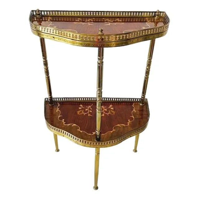Vintage Italian Console Table in Inlaid Wood and Brass