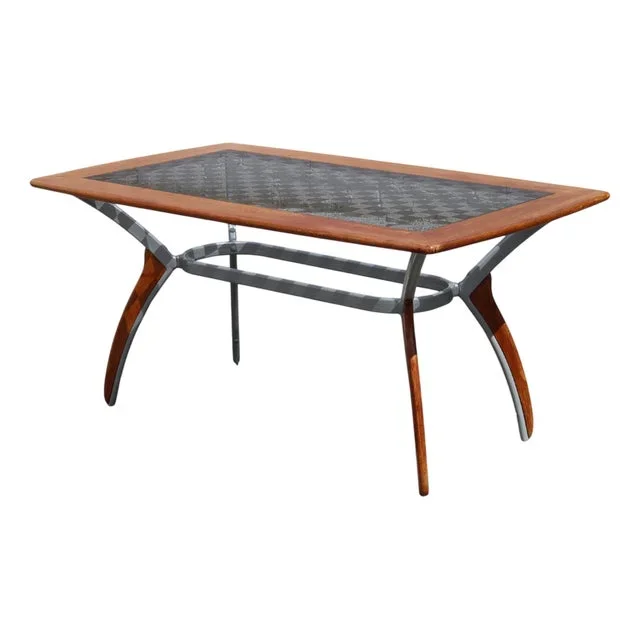 Vintage Italian Glass-Wood and Metal Dining Table