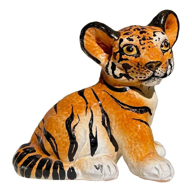 Vintage Italian Hand Painted Ceramic Tiger Cub Statue