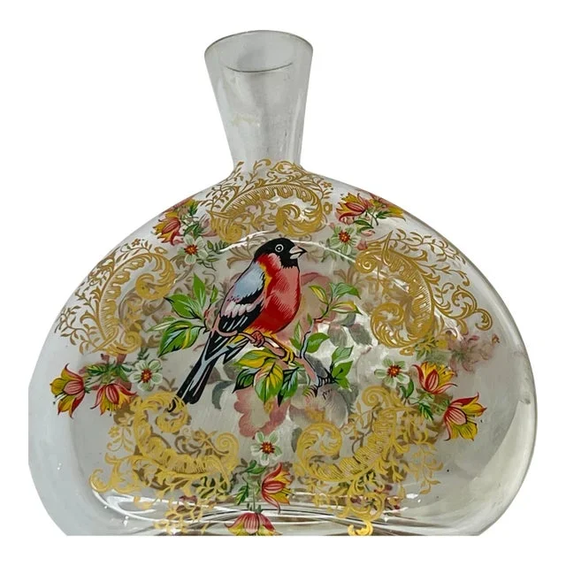 Vintage Italian Mariano Glass Hand Painted Enameled Bird Floral Perfume Bottle