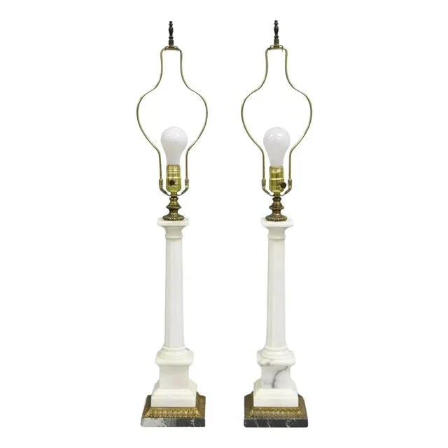 Vintage Italian Neoclassical White Marble Column Form Table Lamps – A Pair