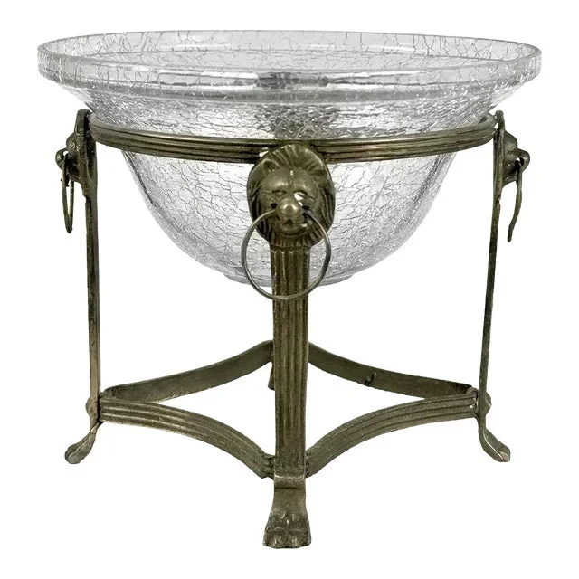Vintage Italian Regency Pewter & Glass Lions Head Footed Bowl