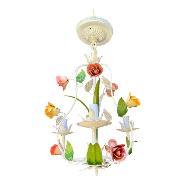 Vintage Italian Tole Three Light Rose Chandelier