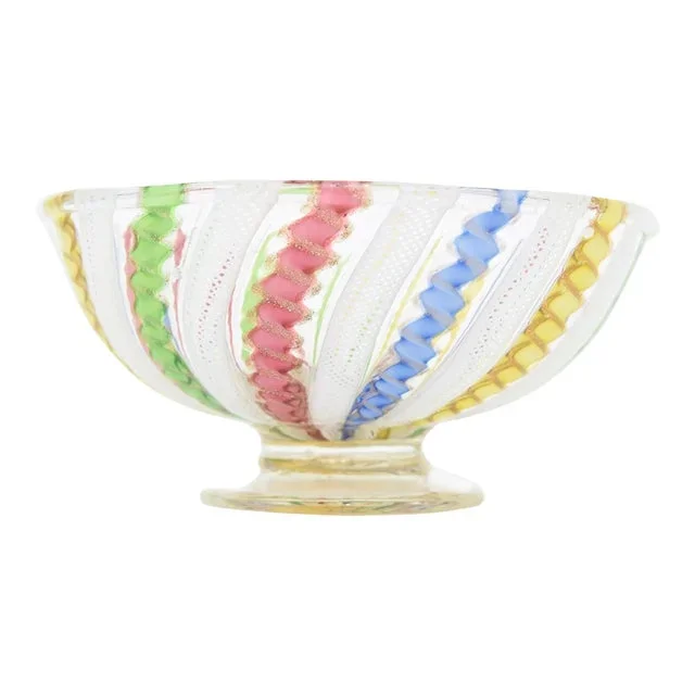 Vintage Italian Venini Murano Latticino Ribbons Glass Pedestal Bowl Pink, Gold,Light Green, Blue, Yellow and White