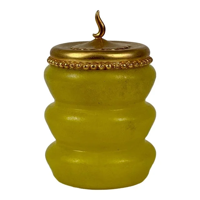 Vintage Italian Vetri Soffiati Yellow Art Glass Canister With Gilded Metal Lid by CX Design