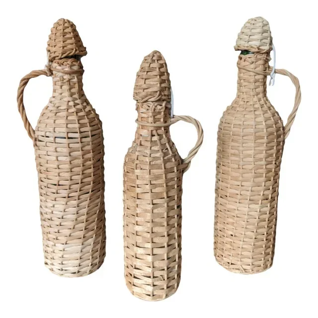 Vintage Italian Wicker Wrapped Glass Demijohns- Set of 3