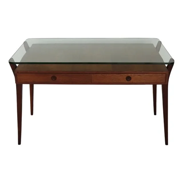 Vintage Italian Wood Desk with Glass Top, 1950s