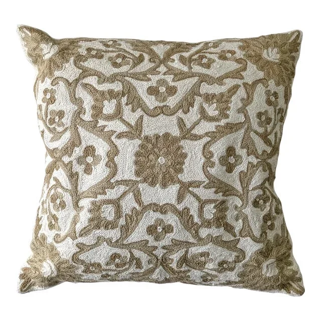 Vintage Ivory & Ecru Embroidered Accent Pillow