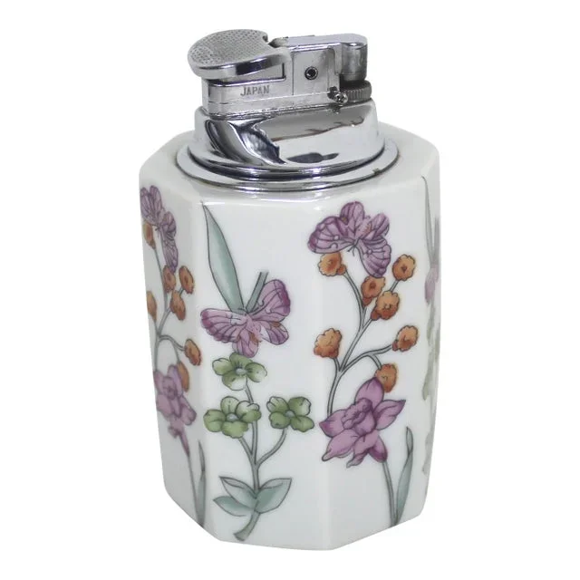 Vintage Japanese Porcelain Tabletop Lighter Butterflies and Flowers