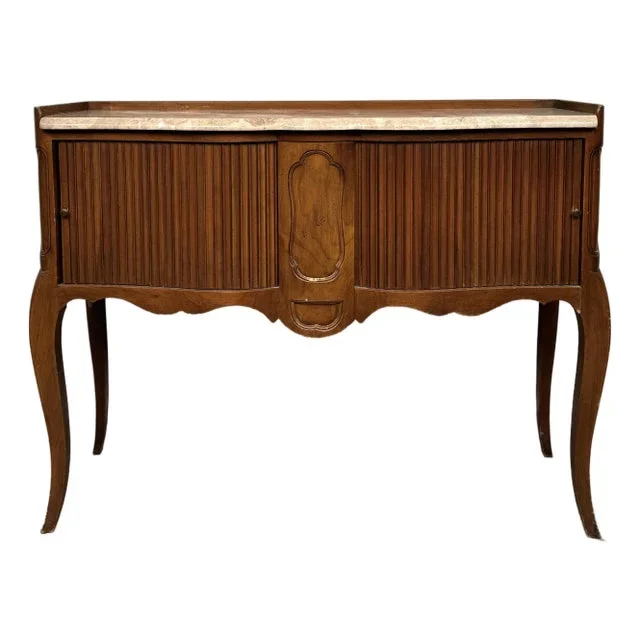 Vintage John Widdicomb Marble Top French Style Console Table With Tambour Doors
