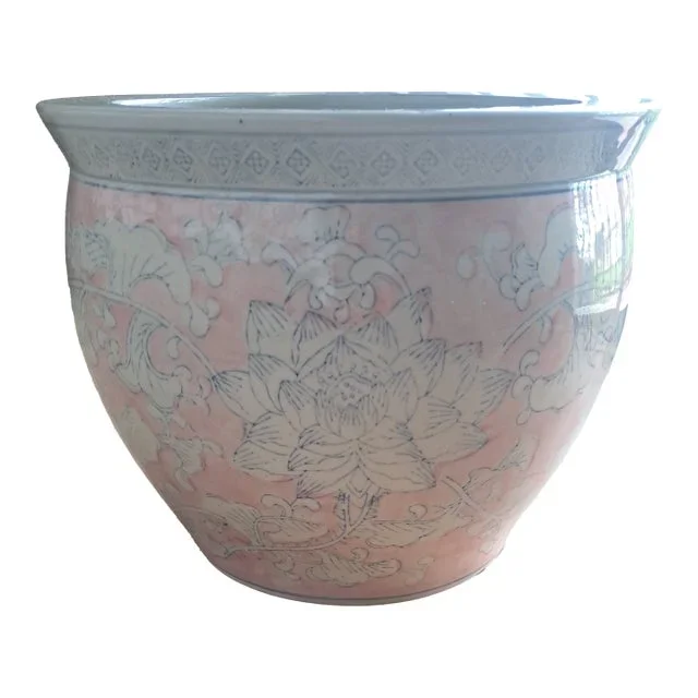 Vintage Large Glazed Ceramic Pale Salmon Pink Alabaster and Blue Fish Bowl Planter