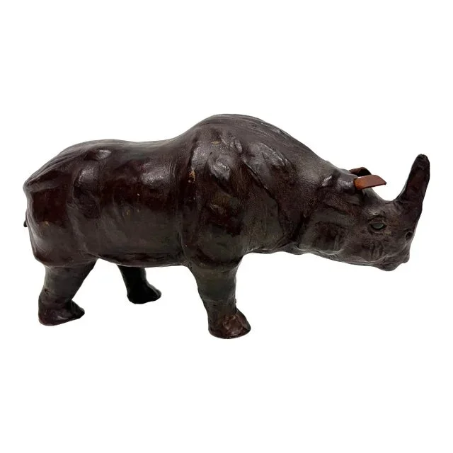 Vintage Leather Wrapped Rhino Sculpture