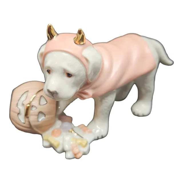 Vintage Lenox Puppy Dog Labrador Halloween Figurine Sculpture With Pumpkin Gold Accents
