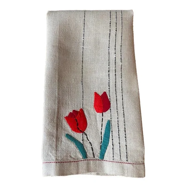 Vintage Linen Hand-Appliqued Tulip Tea Towel