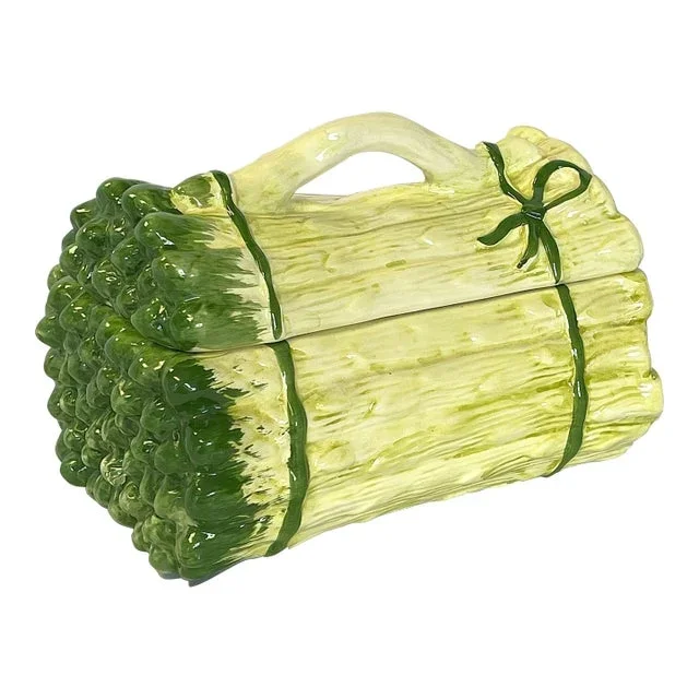 Vintage Majolica Asparagus Lidded Ceramic Dish Made in Portugal