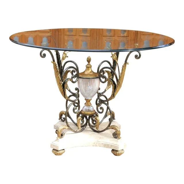 Vintage Marble Glass & Bronze Center Round Table by La Barge