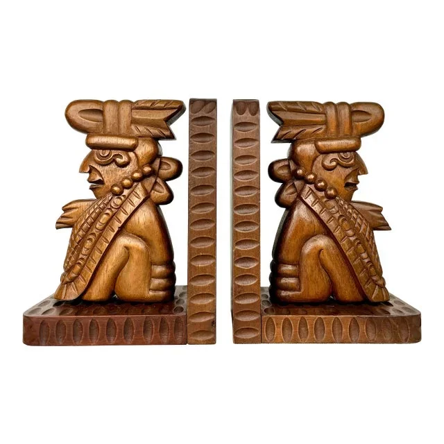 Vintage Mexican Carved Wood Aztec Mayan Bookends- A Pair